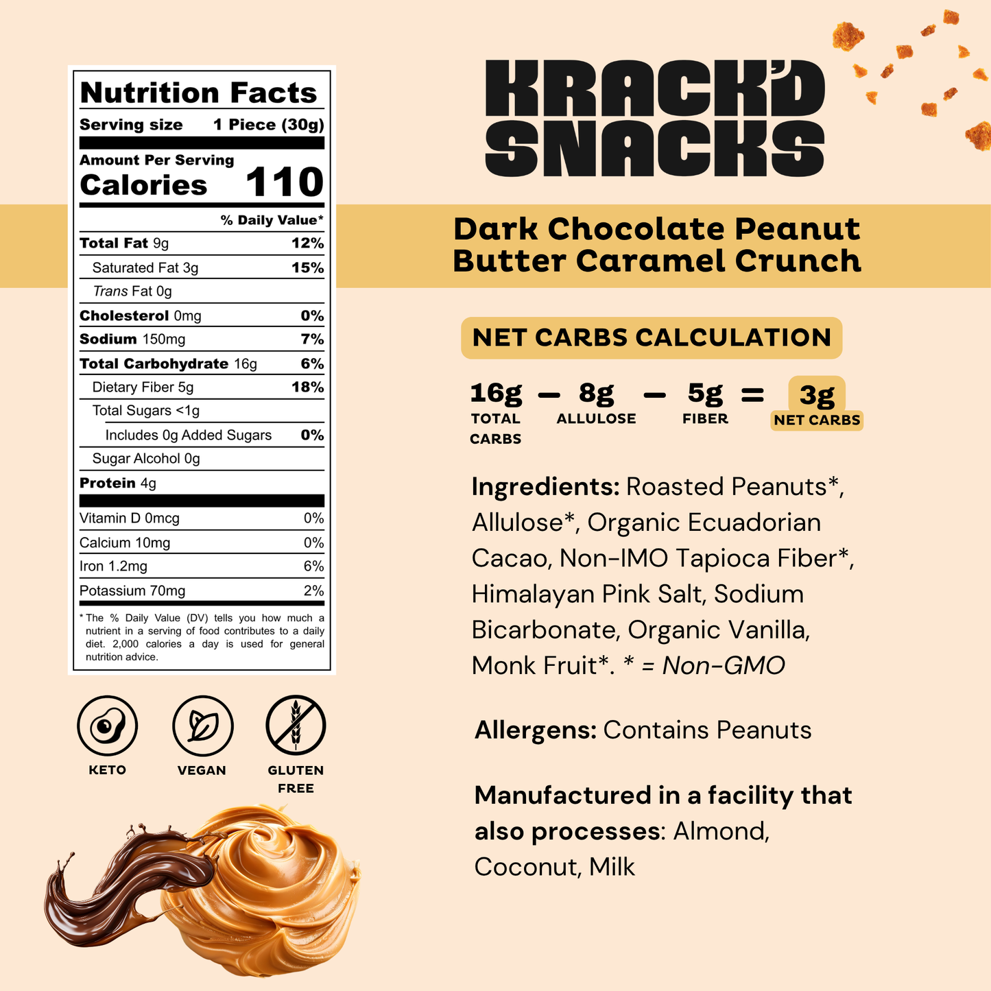 Dark Chocolate Peanut Butter Caramel Crunch, 2g Net Carbs
