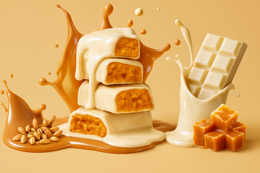 Butterscotch PB Caramel Crunch (Keto) bars with peanuts and caramel on a tan background.