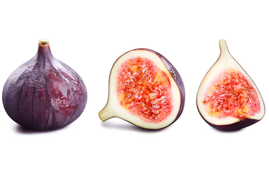 A whole fig and two halves, showing the source of allulose, a key ingredient for Krack'd Snacks.