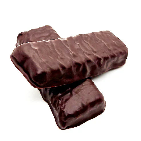 Two chocolate-coated keto-friendly candy bars from Krack’d Snacks stacked against each other.