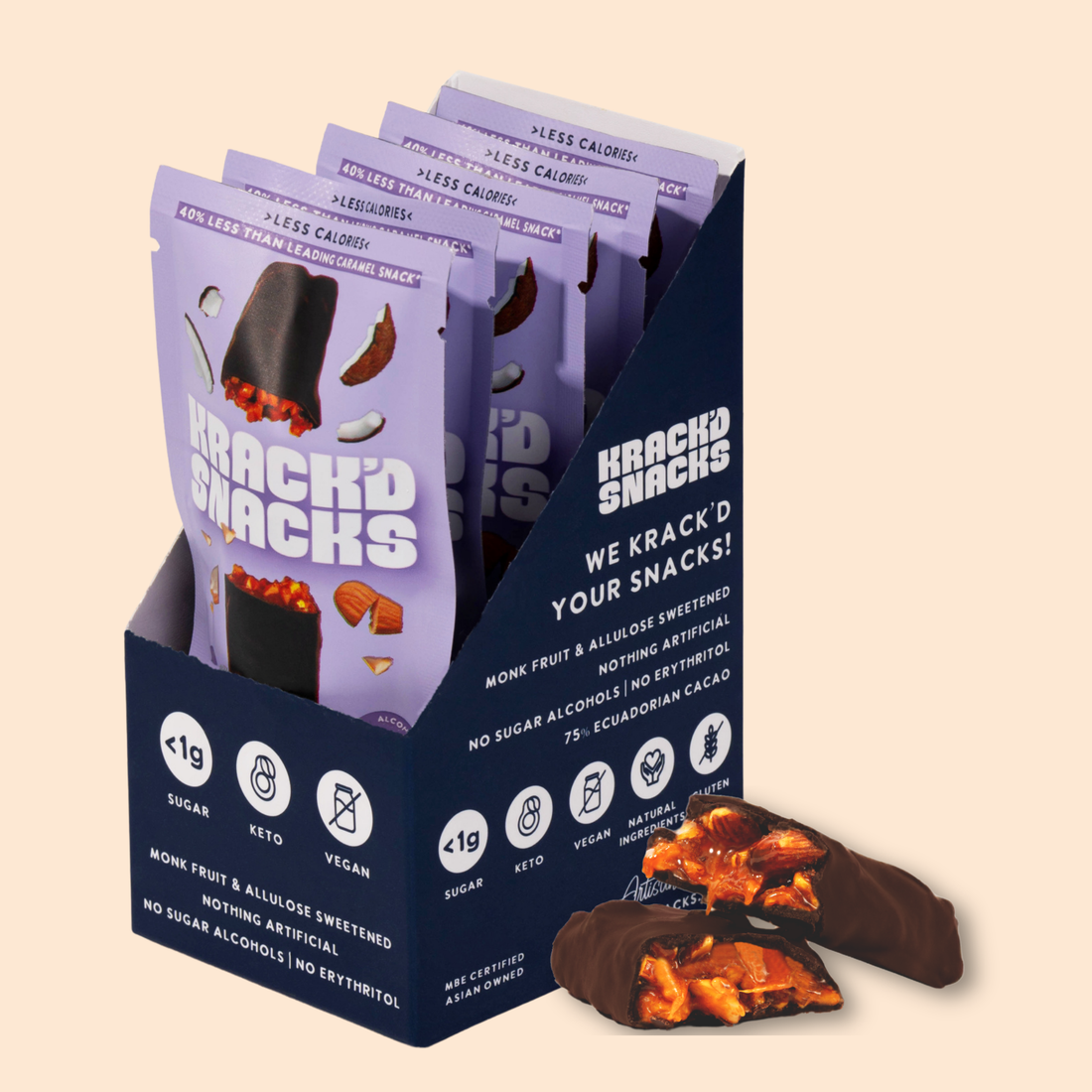 A box of Krack’d Snacks with keto-friendly, monk fruit-sweetened bars featuring dark chocolate and a crunchy Aloha caramel filling.