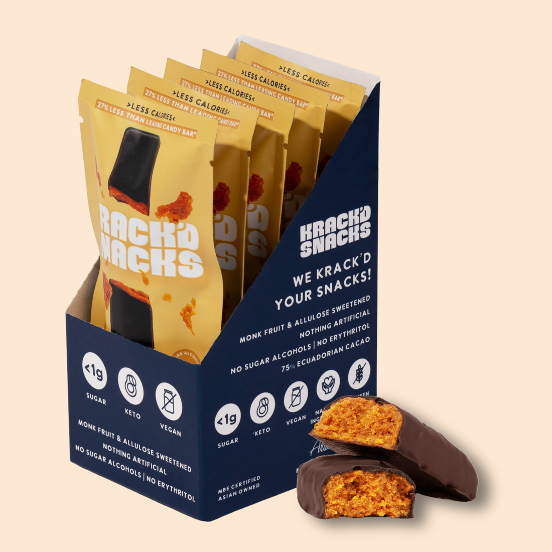 A box of Krack’d Snacks featuring keto-friendly, monk fruit-sweetened bars with dark chocolate and a crunchy filling.