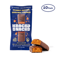 Milk Chocolate Peanut Butter Caramel Crunch bar featuring plant-based ingredients and natural sweeteners.
