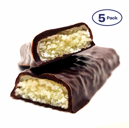 A box of Krack’d Snacks featuring keto-friendly, monk fruit-sweetened bars with dark chocolate and a crunchy filling.